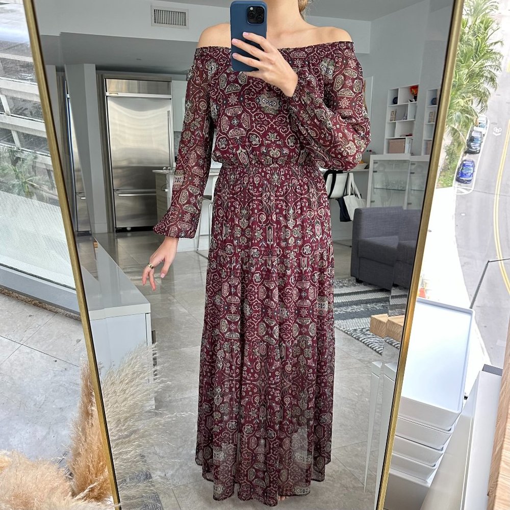 Abercrombie & Fitch Burgundy Paisley Off-Shoulder Maxi Dress